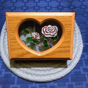 Vintage Wooden Jewelry Box with Heart Shaped Rose painted Glass